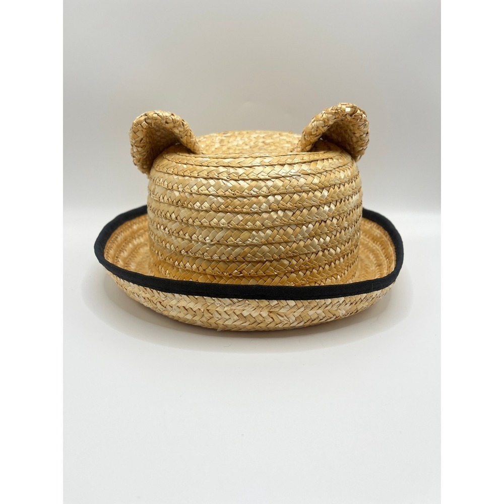 Novelty Straw Boater Hat with Animal Ears and Black Trim Tan Summer Sun Hat